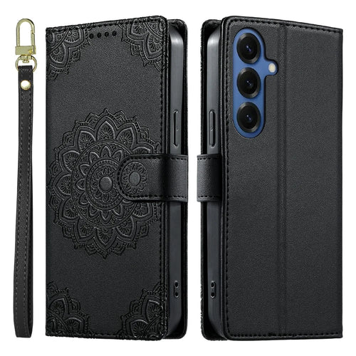 For Samsung Galaxy S26 Case Embossed Totem Leather Flip Wallet Phone Cover with Wrist Strap - Black - 1
