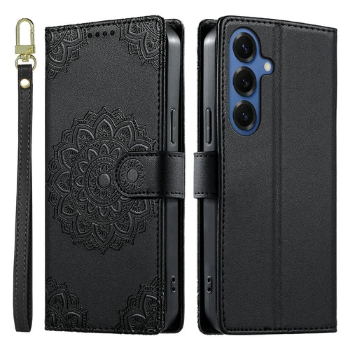 For Samsung Galaxy S26+ Case Embossed Totem Leather Flip Wallet Phone Cover with Wrist Strap - Black - 1