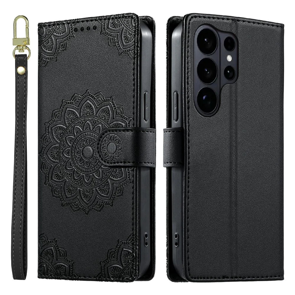 For Samsung Galaxy S26 Ultra Case Embossed Totem Leather Flip Wallet Phone Cover with Wrist Strap - Black - 1