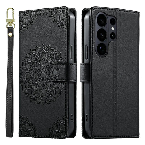 For Samsung Galaxy S26 Ultra Case Embossed Totem Leather Flip Wallet Phone Cover with Wrist Strap - Black - 1