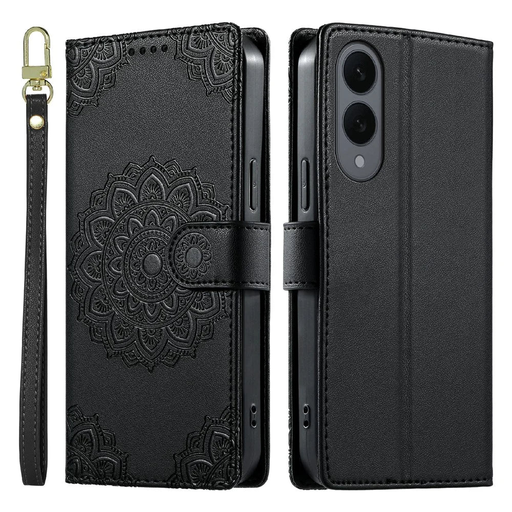 For Samsung Galaxy S25 Edge Case Embossed Totem Leather Flip Wallet Phone Cover with Wrist Strap - Black - 1