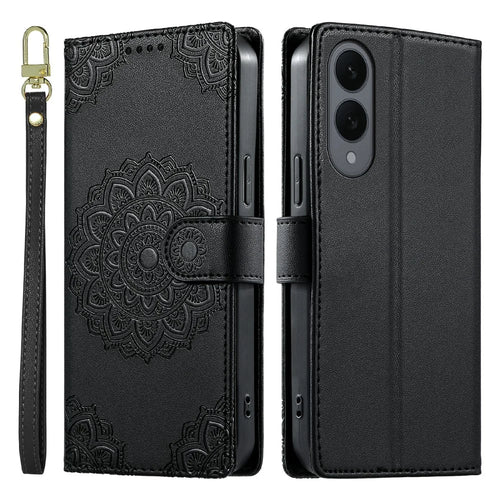For Samsung Galaxy S25 Edge Case Embossed Totem Leather Flip Wallet Phone Cover with Wrist Strap - Black - 1