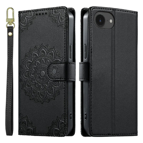 For iPhone 17e  /  16e Case Embossed Totem Leather Flip Wallet Phone Cover with Wrist Strap - Black - 1