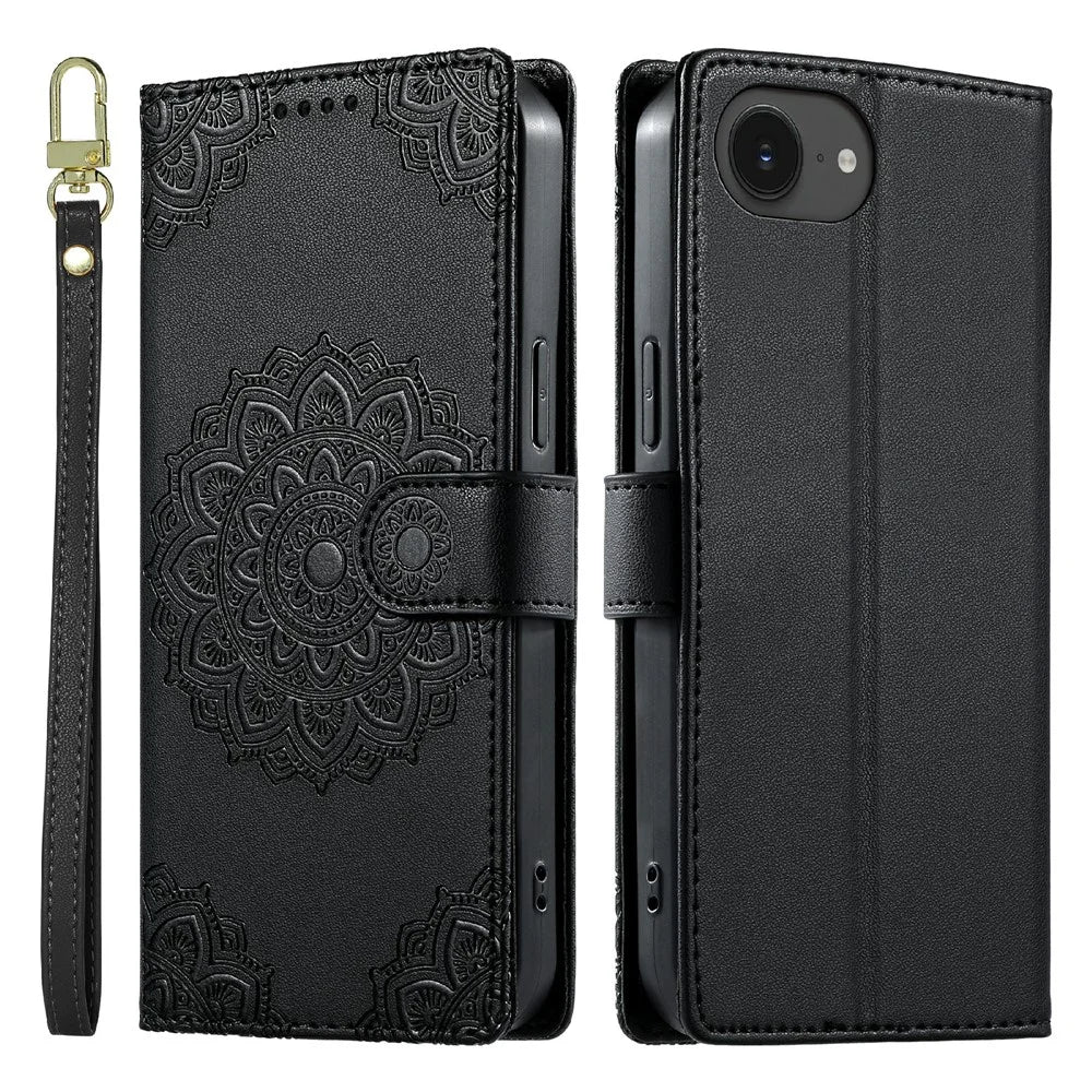 For iPhone 17e  /  16e Case Embossed Totem Leather Flip Wallet Phone Cover with Wrist Strap - Black - 1