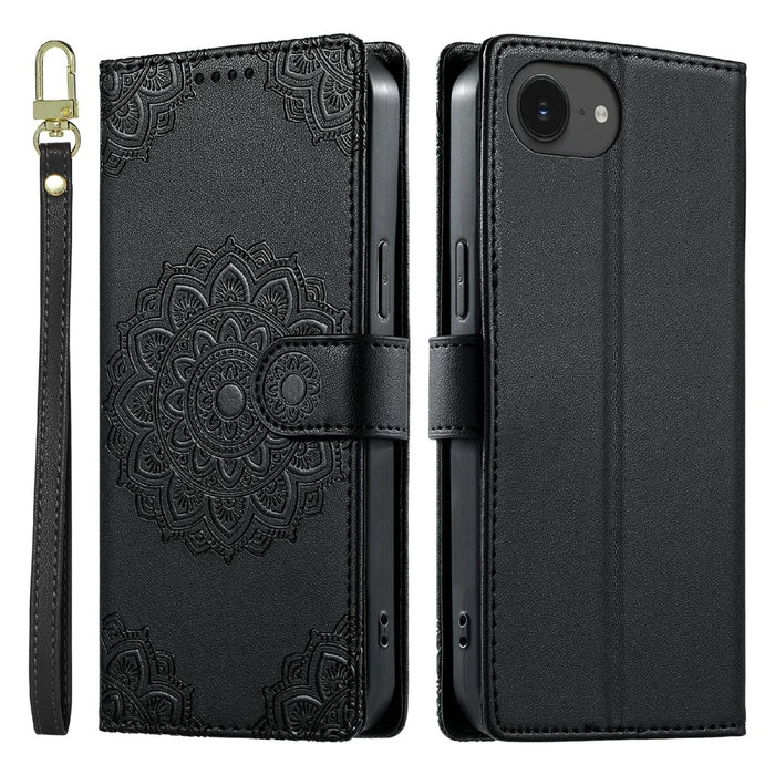 For iPhone 17e  /  16e Case Embossed Totem Leather Flip Wallet Phone Cover with Wrist Strap - Black - 1