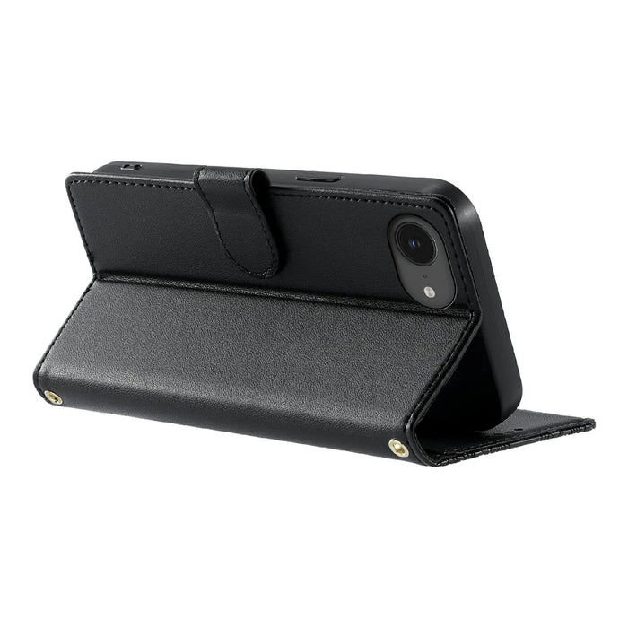 For iPhone 17e  /  16e Case Embossed Totem Leather Flip Wallet Phone Cover with Wrist Strap - Black - 3