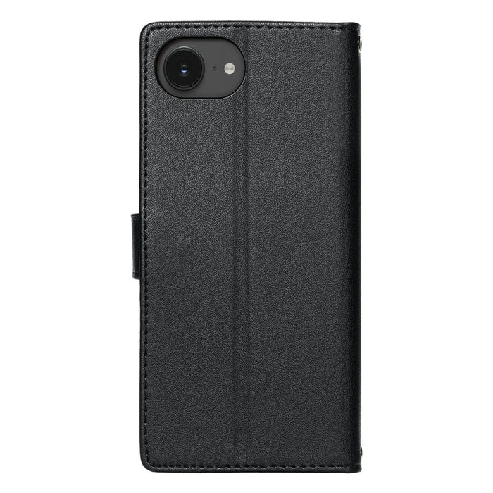 For iPhone 17e  /  16e Case Embossed Totem Leather Flip Wallet Phone Cover with Wrist Strap - Black - 6