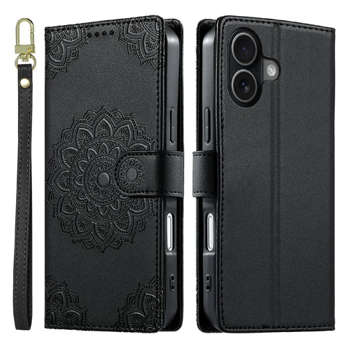For iPhone 17 Case Embossed Totem Leather Flip Wallet Phone Cover with Wrist Strap - Black - 1