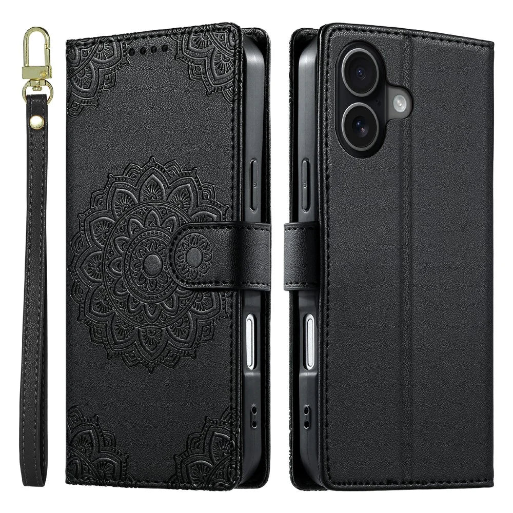 For iPhone 17 Case Embossed Totem Leather Flip Wallet Phone Cover with Wrist Strap - Black - 1