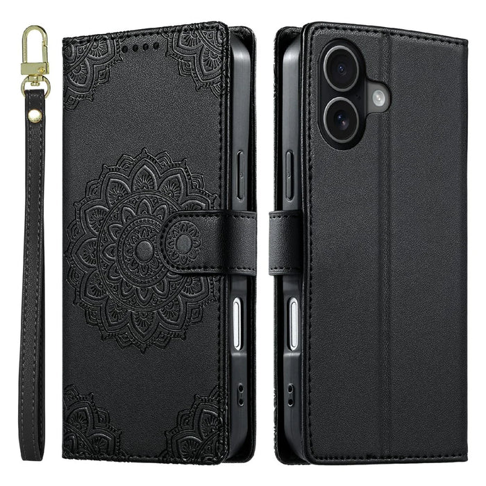 For iPhone 17 Case Embossed Totem Leather Flip Wallet Phone Cover with Wrist Strap - Black - 1