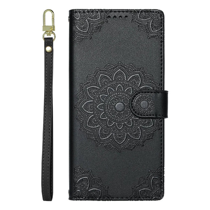 For iPhone 17 Case Embossed Totem Leather Flip Wallet Phone Cover with Wrist Strap - Black - 5