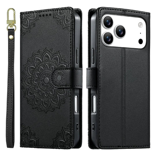 For iPhone 18 Pro Max / 17 Pro Max Case Embossed Totem Leather Flip Wallet Phone Cover with Wrist Strap - Black - 1