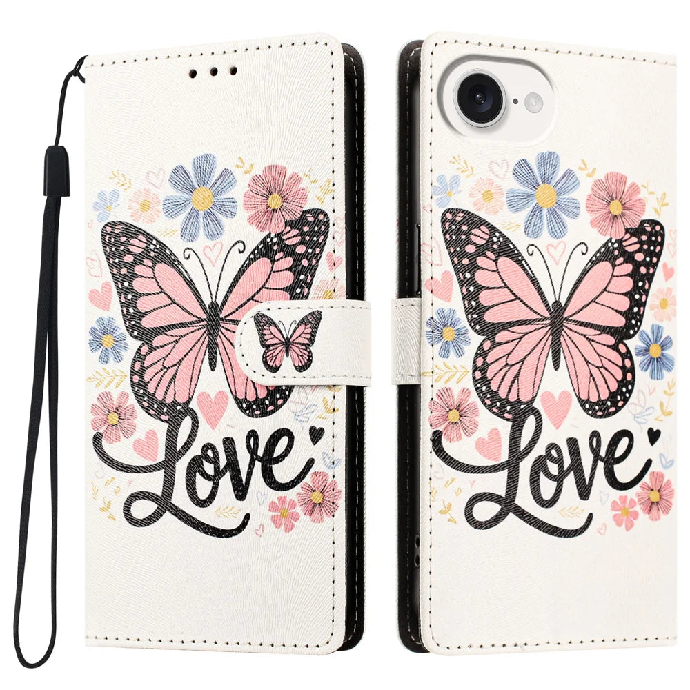 For iPhone 16e / iPhone 17e Case Pattern Printed PU Leather Flip Wallet Phone Cover with Wrist Strap - Pink Butterfly - 1
