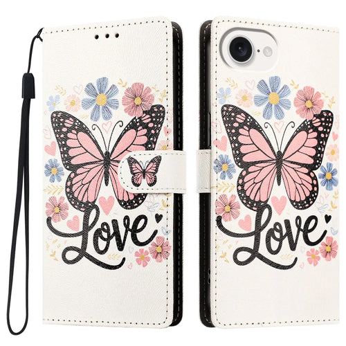 For iPhone 16e / iPhone 17e Case Pattern Printed PU Leather Flip Wallet Phone Cover with Wrist Strap - Pink Butterfly - 1
