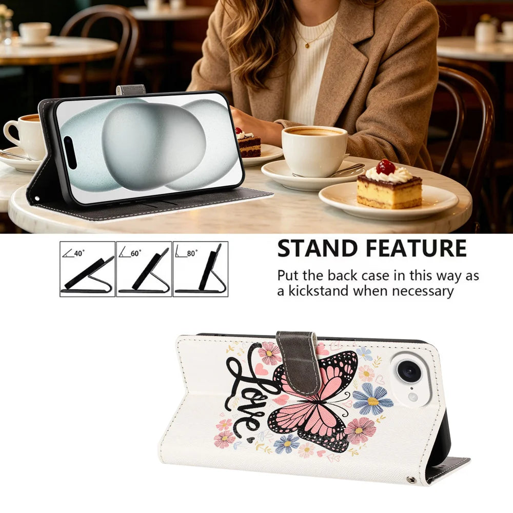 For iPhone 16e / iPhone 17e Case Pattern Printed PU Leather Flip Wallet Phone Cover with Wrist Strap - Pink Butterfly - 2