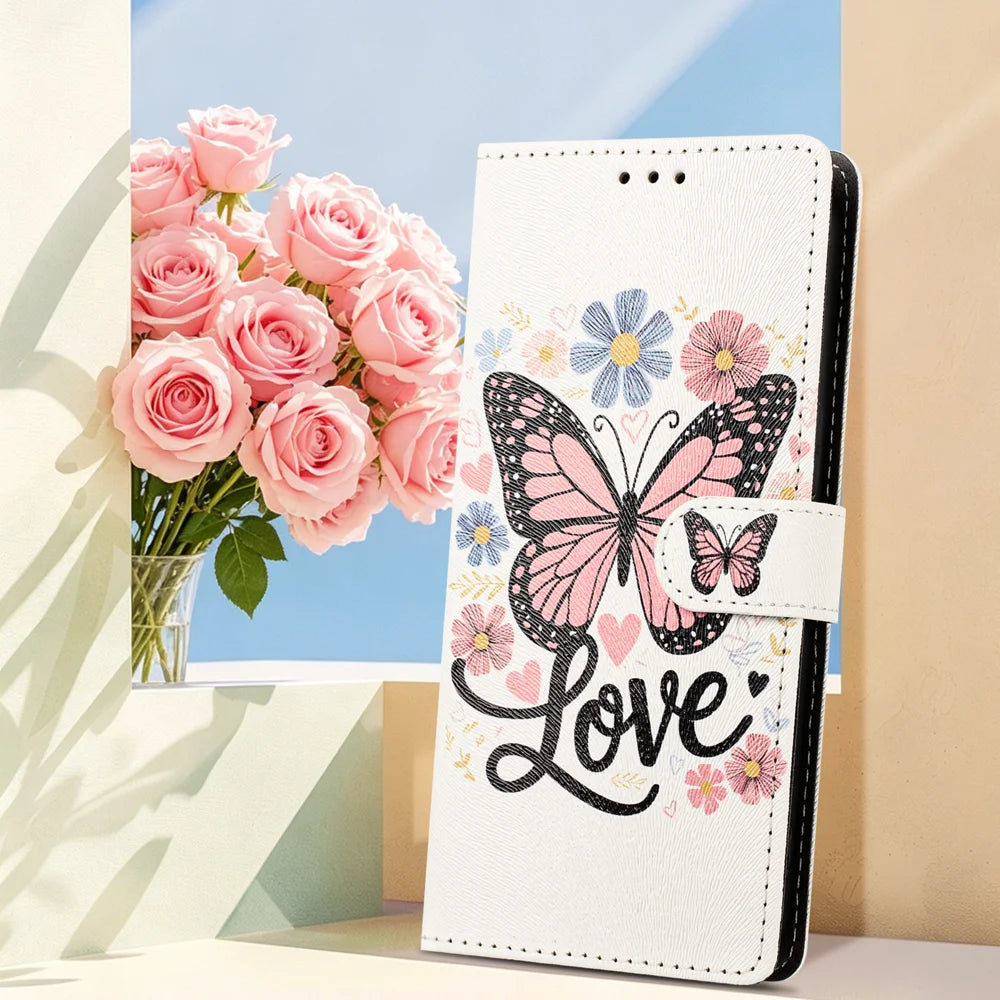 For iPhone 16e / iPhone 17e Case Pattern Printed PU Leather Flip Wallet Phone Cover with Wrist Strap - Pink Butterfly - 5