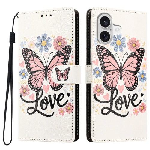 For iPhone 17 / iPhone 18 Case Pattern Printed PU Leather Flip Wallet Phone Cover with Wrist Strap - Pink Butterfly - 1