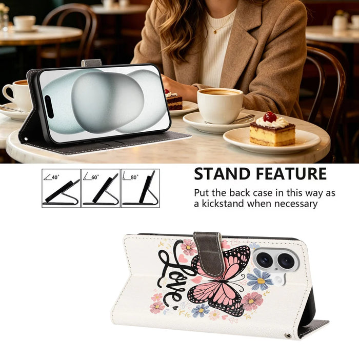 For iPhone 17 / iPhone 18 Case Pattern Printed PU Leather Flip Wallet Phone Cover with Wrist Strap - Pink Butterfly - 2