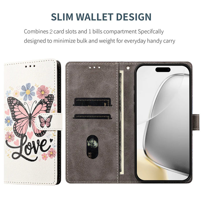 For iPhone 17 / iPhone 18 Case Pattern Printed PU Leather Flip Wallet Phone Cover with Wrist Strap - Pink Butterfly - 3