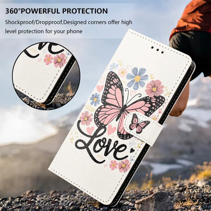 For iPhone 17 / iPhone 18 Case Pattern Printed PU Leather Flip Wallet Phone Cover with Wrist Strap - Pink Butterfly - 6