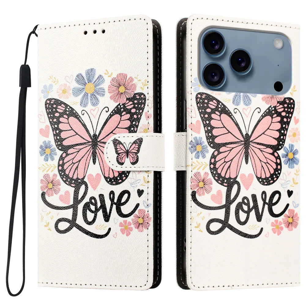For iPhone 17 Pro / iPhone 18 Pro Case Pattern Printed PU Leather Flip Wallet Phone Cover with Wrist Strap - Pink Butterfly - 1