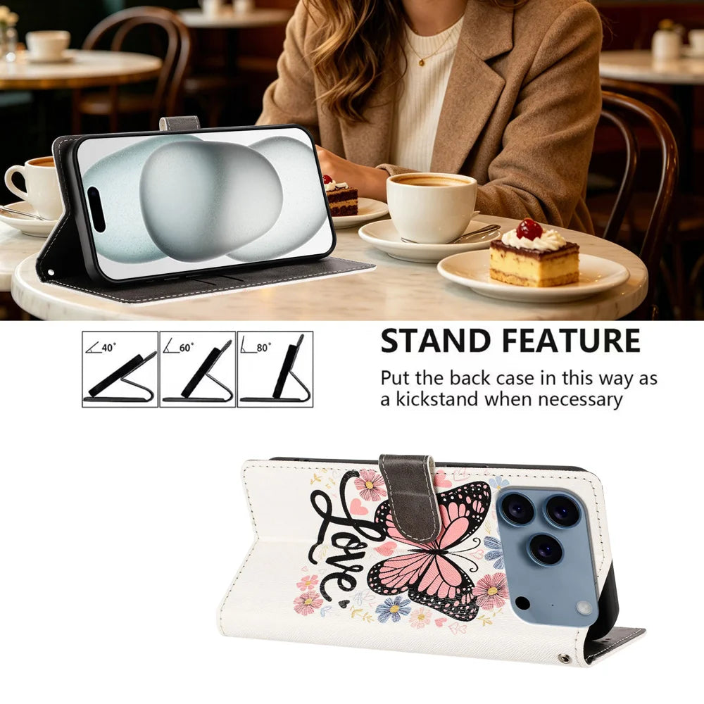 For iPhone 17 Pro / iPhone 18 Pro Case Pattern Printed PU Leather Flip Wallet Phone Cover with Wrist Strap - Pink Butterfly - 2