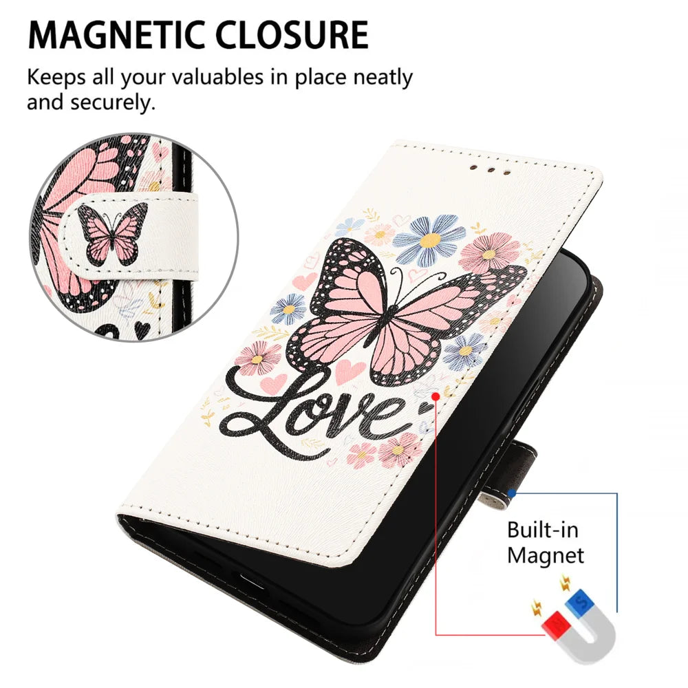 For iPhone 17 Pro / iPhone 18 Pro Case Pattern Printed PU Leather Flip Wallet Phone Cover with Wrist Strap - Pink Butterfly - 4