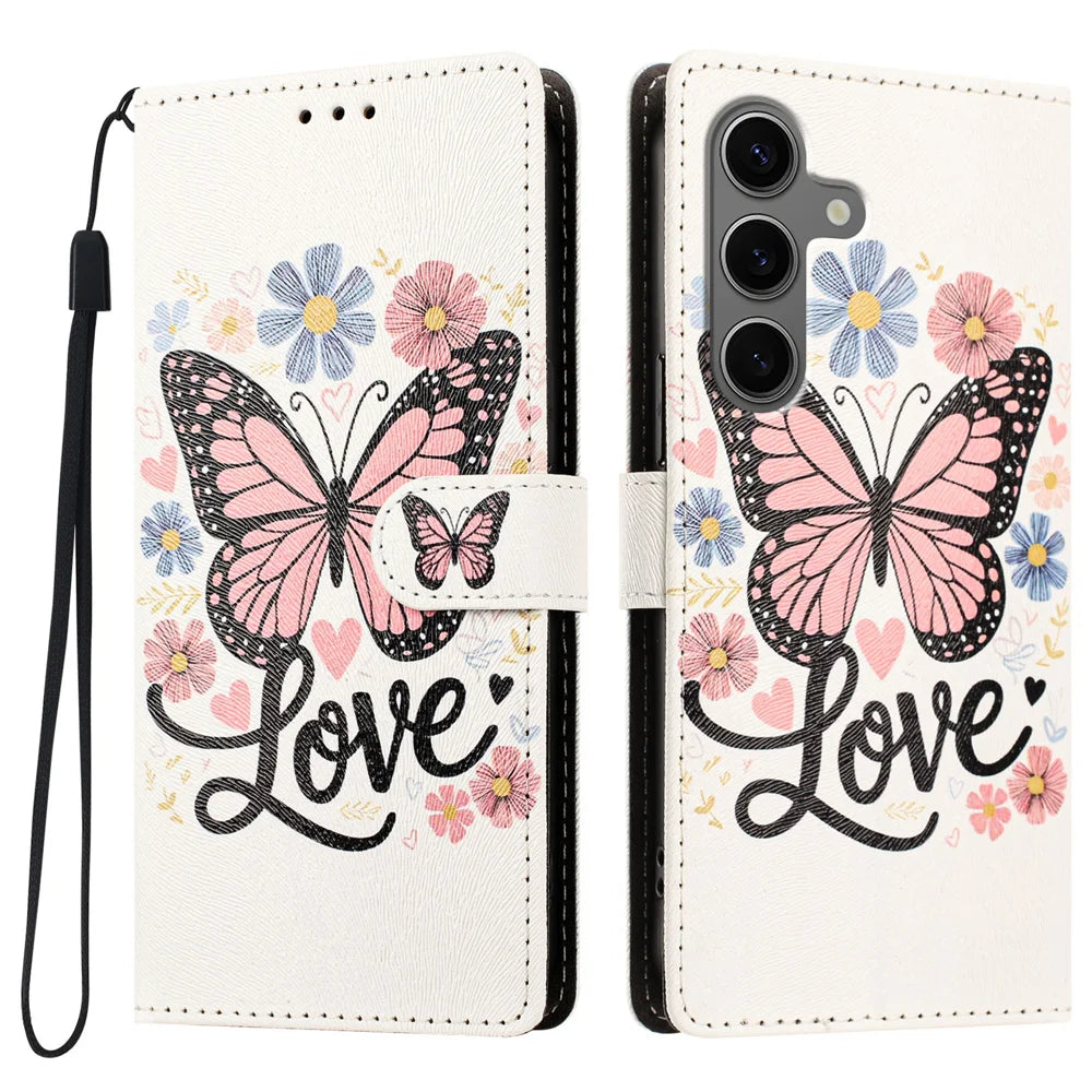 For Samsung Galaxy S26 FE Case Pattern Printed PU Leather Flip Wallet Phone Cover with Wrist Strap - Pink Butterfly - 1