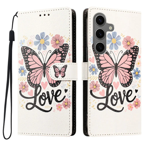 For Samsung Galaxy S26 FE Case Pattern Printed PU Leather Flip Wallet Phone Cover with Wrist Strap - Pink Butterfly - 1