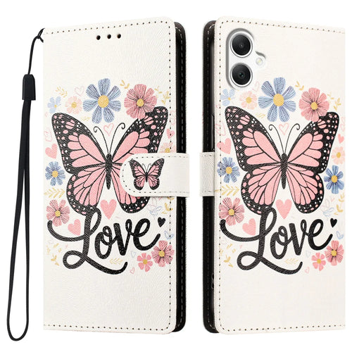For Samsung Galaxy A08 5G / A08 4G / A07 5G / A07 4G / A06 4G / A06 5G / F07 4G / M07 4G / M17e 5G Case Pattern Printed PU Leather Flip Wallet Phone Cover with Wrist Strap - Pink Butterfly - 1