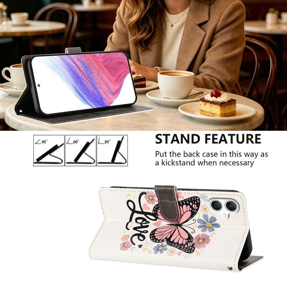 For Samsung Galaxy A08 5G / A08 4G / A07 5G / A07 4G / A06 4G / A06 5G / F07 4G / M07 4G / M17e 5G Case Pattern Printed PU Leather Flip Wallet Phone Cover with Wrist Strap - Pink Butterfly - 2
