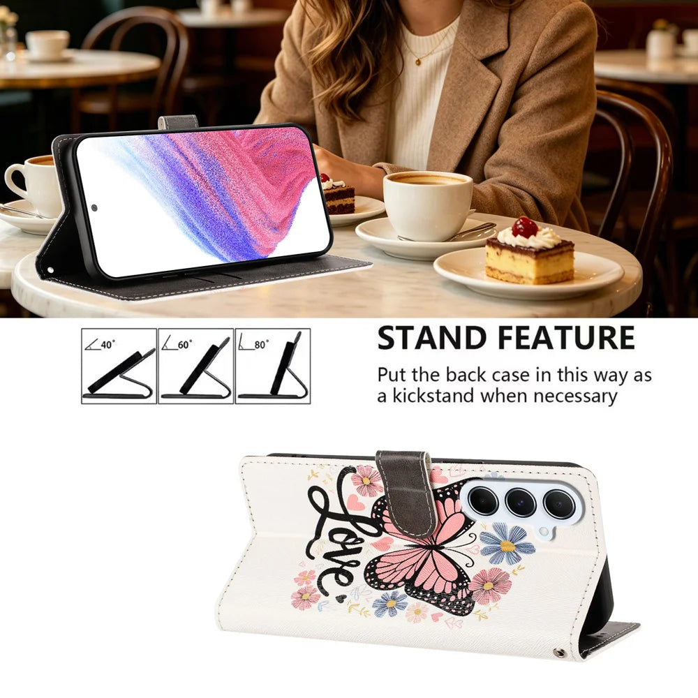 For Samsung Galaxy A18 5G / A18 4G / A26 5G / M17 5G / F17 5G / A17 5G / A17 4G Case Pattern Printed PU Leather Flip Wallet Phone Cover with Wrist Strap - Pink Butterfly - 2
