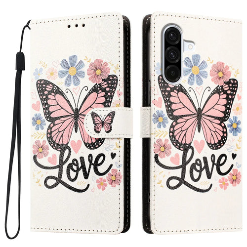 For Samsung Galaxy A57 5G Case Pattern Printed PU Leather Flip Wallet Phone Cover with Wrist Strap - Pink Butterfly - 1