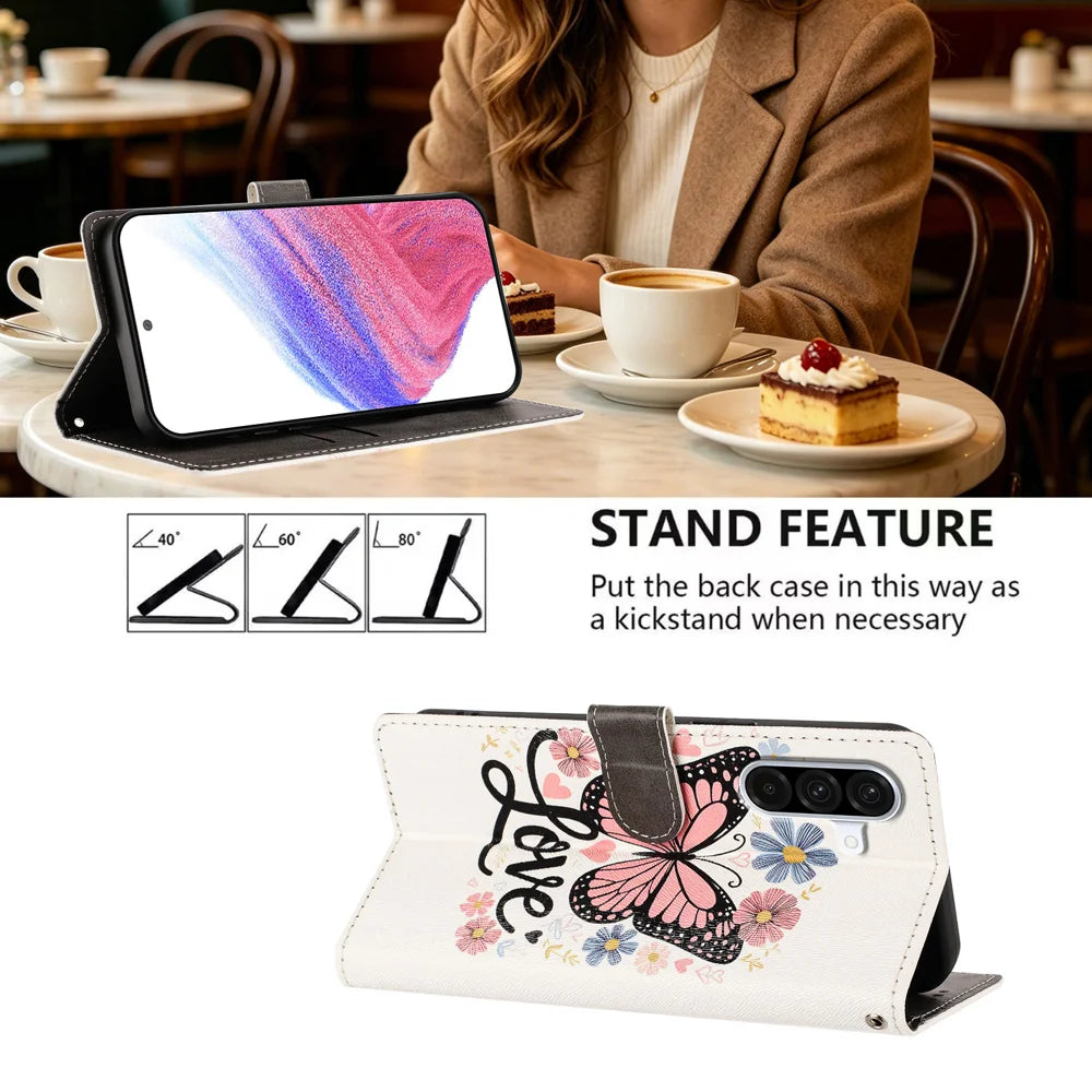 For Samsung Galaxy A57 5G Case Pattern Printed PU Leather Flip Wallet Phone Cover with Wrist Strap - Pink Butterfly - 2