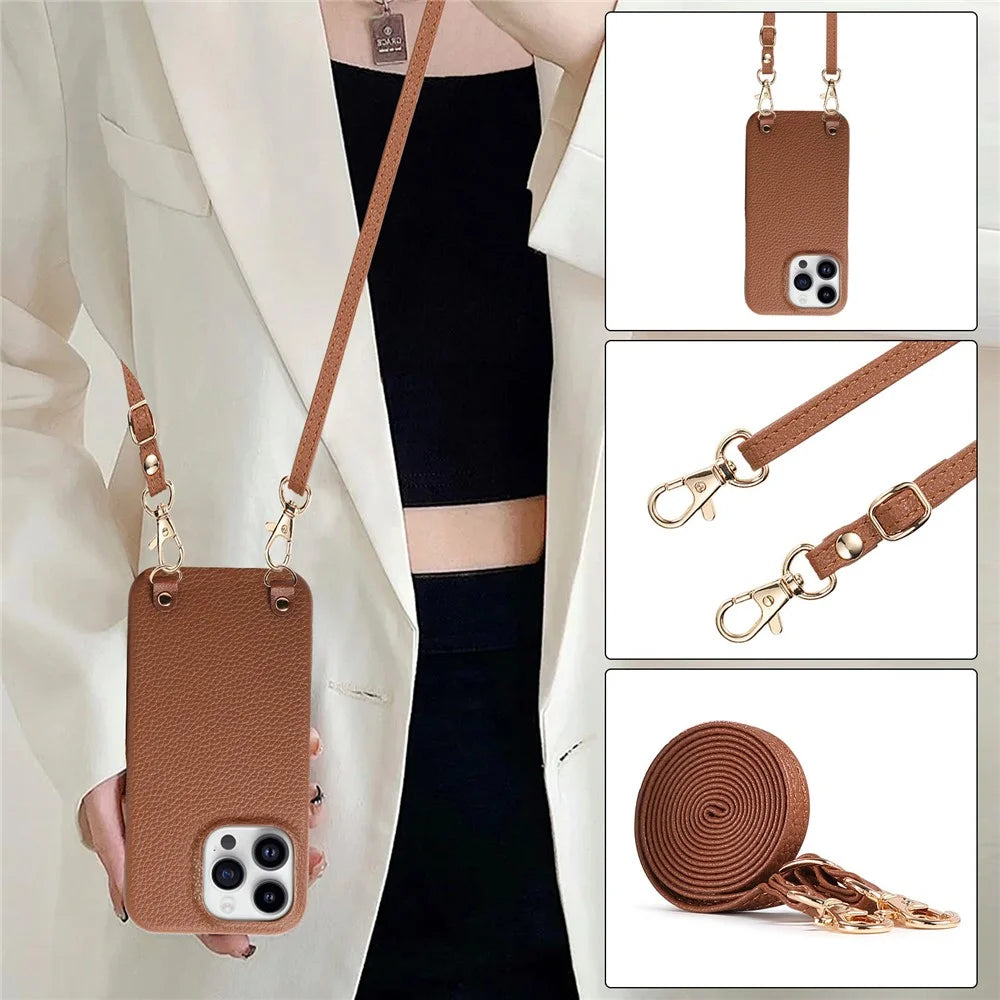 For iPhone 16 Pro Litchi Pattern Case with Lanyard Shockproof PC PU Leather Cover - Brown - 4