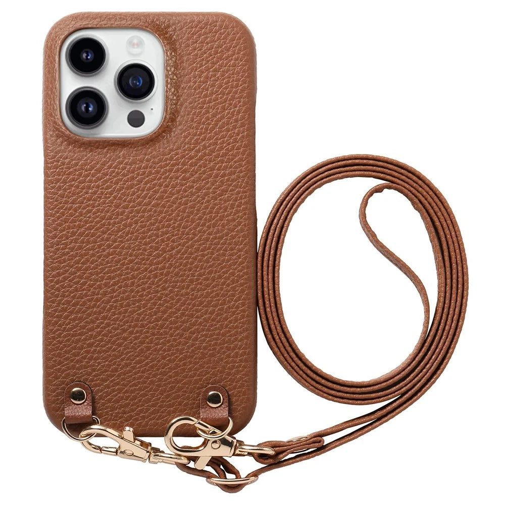 For iPhone 16 Pro Max Litchi Pattern Case with Lanyard Shockproof PC PU Leather Cover - Brown - 1
