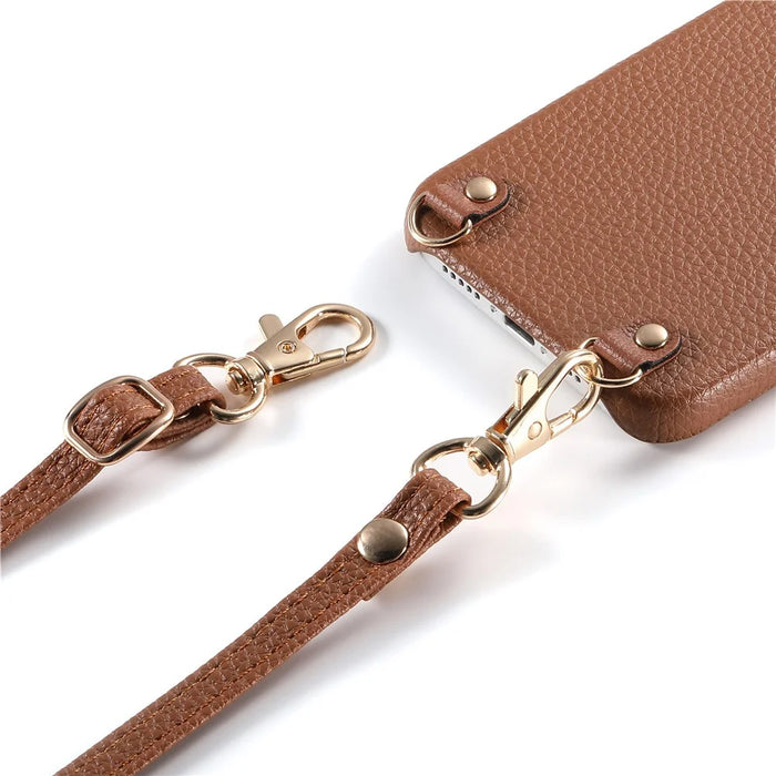 For iPhone 16 Pro Max Litchi Pattern Case with Lanyard Shockproof PC PU Leather Cover - Brown - 3