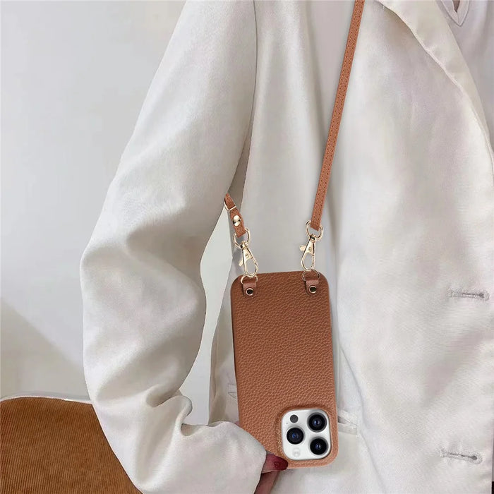 For iPhone 16 Pro Max Litchi Pattern Case with Lanyard Shockproof PC PU Leather Cover - Brown - 5