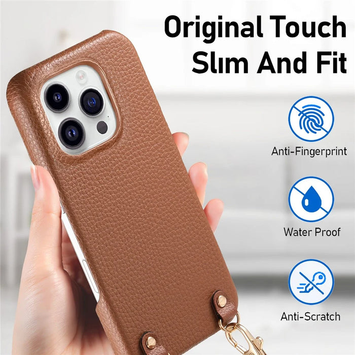 For iPhone 16 Pro Max Litchi Pattern Case with Lanyard Shockproof PC PU Leather Cover - Brown - 7