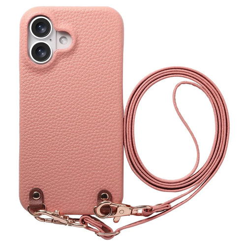 For iPhone 16 Litchi Pattern Case with Lanyard Shockproof PC PU Leather Cover -  Pink - 1