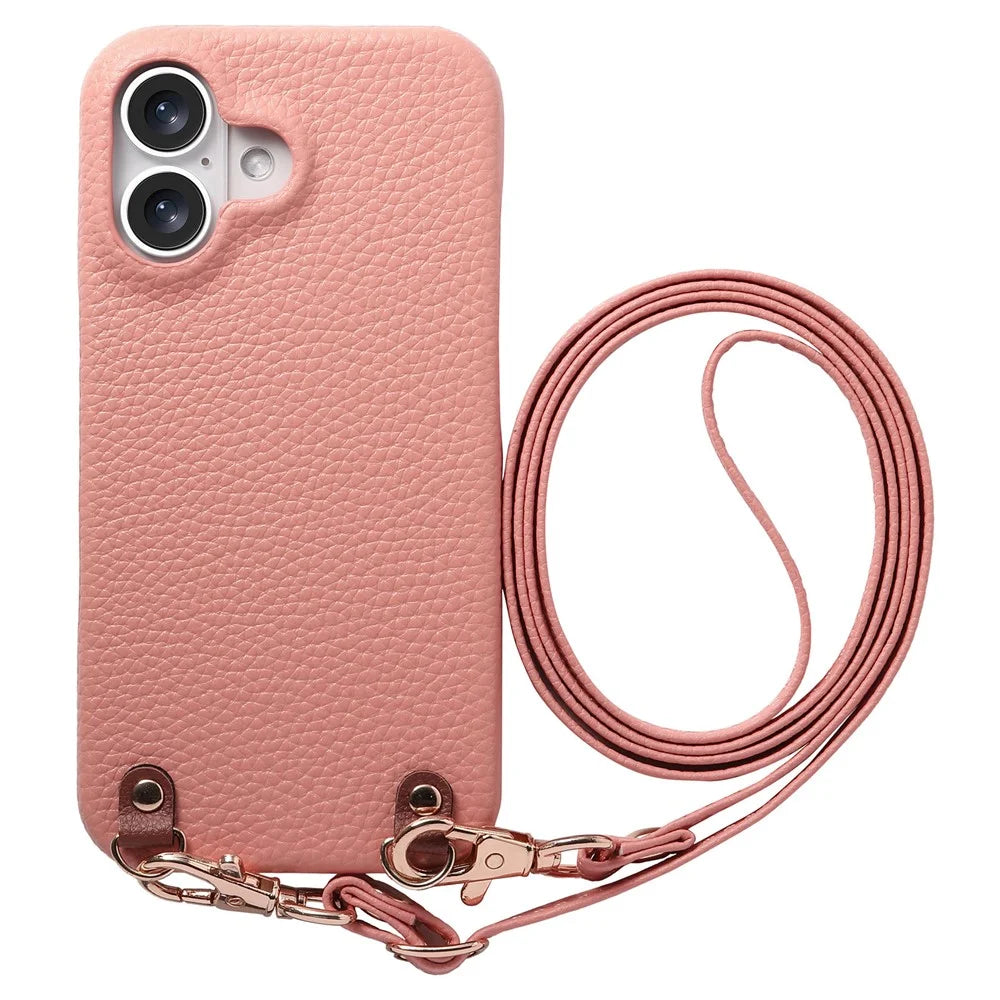 For iPhone 16 Litchi Pattern Case with Lanyard Shockproof PC PU Leather Cover -  Pink - 1