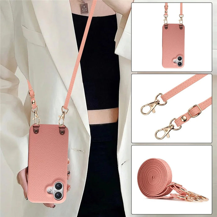 For iPhone 16 Litchi Pattern Case with Lanyard Shockproof PC PU Leather Cover -  Pink - 4