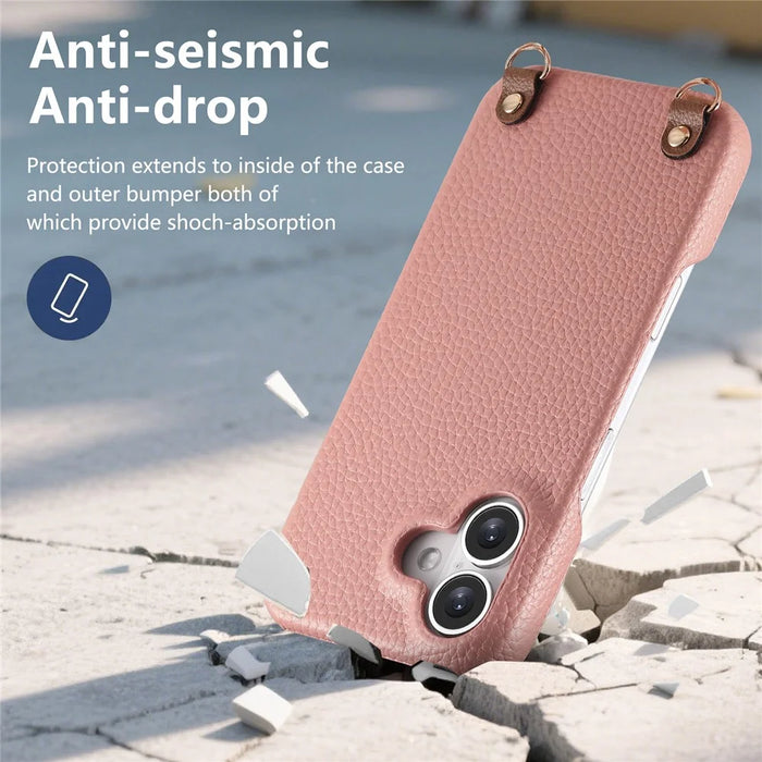 For iPhone 16 Litchi Pattern Case with Lanyard Shockproof PC PU Leather Cover -  Pink - 6
