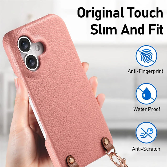 For iPhone 16 Litchi Pattern Case with Lanyard Shockproof PC PU Leather Cover -  Pink - 7
