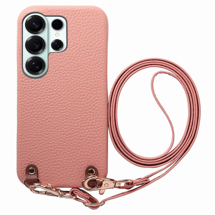 For Samsung Galaxy S26 Ultra Litchi Pattern Case with Lanyard Shockproof PC PU Leather Cover -  Pink - 1