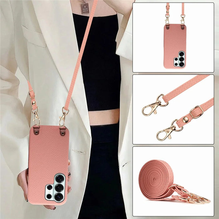For Samsung Galaxy S26 Ultra Litchi Pattern Case with Lanyard Shockproof PC PU Leather Cover -  Pink - 4