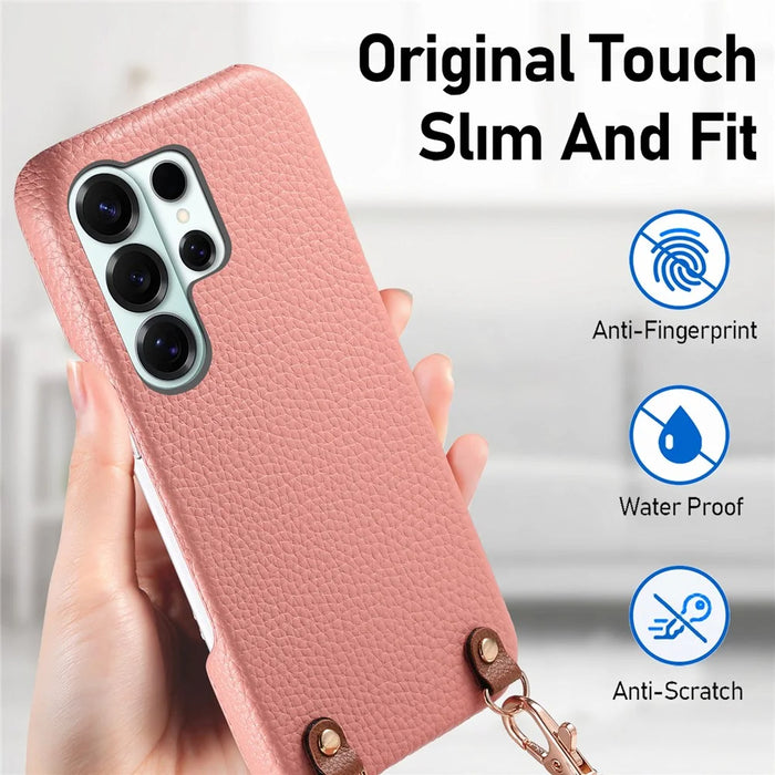 For Samsung Galaxy S26 Ultra Litchi Pattern Case with Lanyard Shockproof PC PU Leather Cover -  Pink - 7
