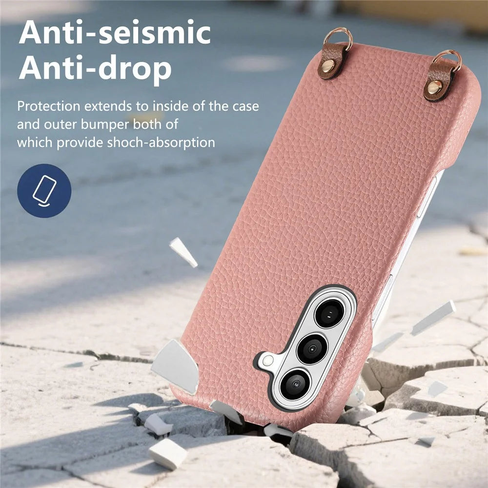 For Samsung Galaxy S25 Litchi Pattern Case with Lanyard Shockproof PC PU Leather Cover - Pink - 6