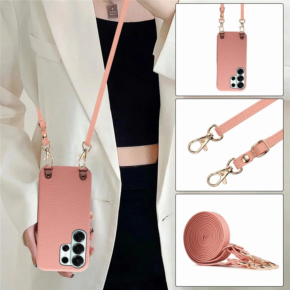 For Samsung Galaxy S25 Ultra Litchi Pattern Case with Lanyard Shockproof PC PU Leather Cover - Pink - 4