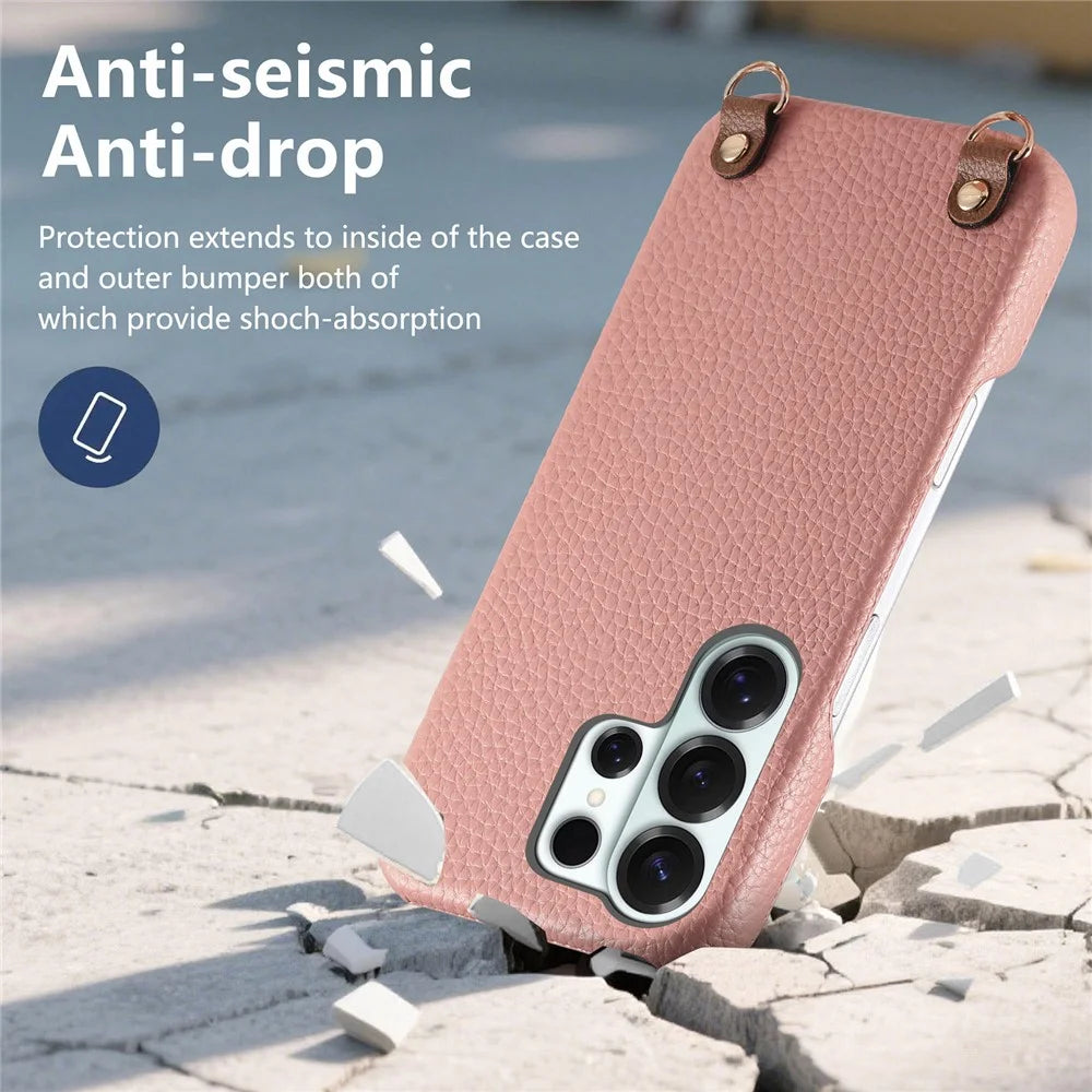 For Samsung Galaxy S25 Ultra Litchi Pattern Case with Lanyard Shockproof PC PU Leather Cover - Pink - 6